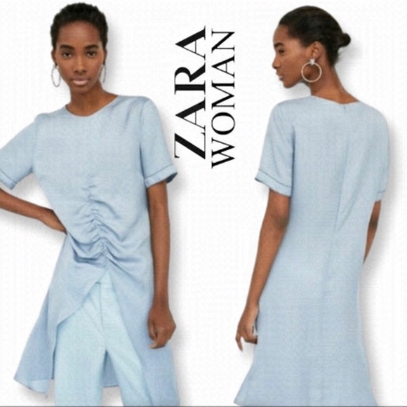 Zara Tops - Zara ruched front slit midi long satin  tunic light blue XS